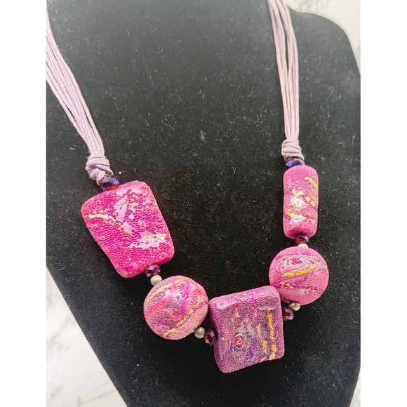 Source Unknown Jewelry - Chunky Geometric Statement Necklace Purple Pink Beaded Cord Artisan Style
